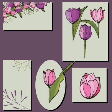 Kartları laleler ve otlar ile üzerine beyaz ayarlayın. Çiçek desenli düğün tasarım, çiçek tebrik kartları, posterler.