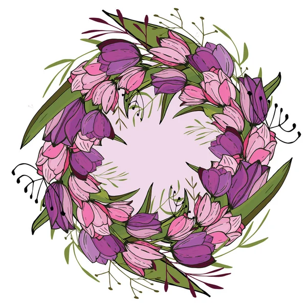 Round frame with tulips and herbs on white. Floral pattern for your wedding design, floral greeting cards, posters. — Stock Vector