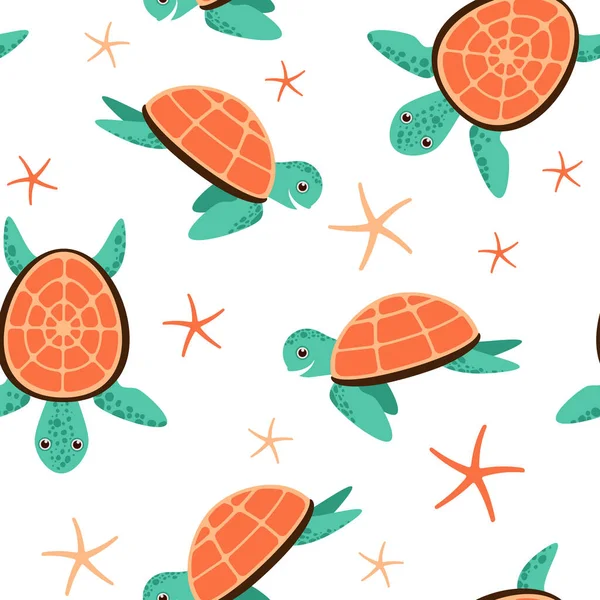 Seamless pattern with ocean turtless and starfish. Cute funny turtles colorful backgrounds. Vector stock illustration, EPS10 — Stock Vector