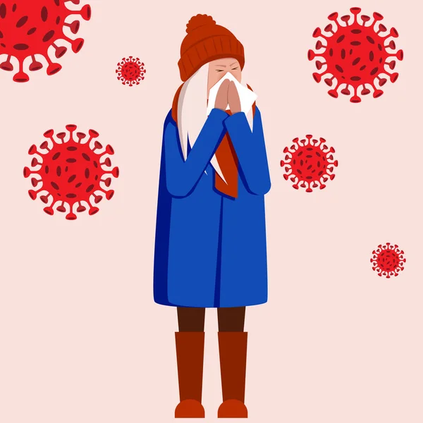 Girl has coronavirus, runny nose and viruses around on a blue background.Vector stock illustration, EPS 10. — Stock Vector