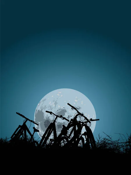 Четыре велосипеда отдыхают ночью при лунном свете — стоковый вектор