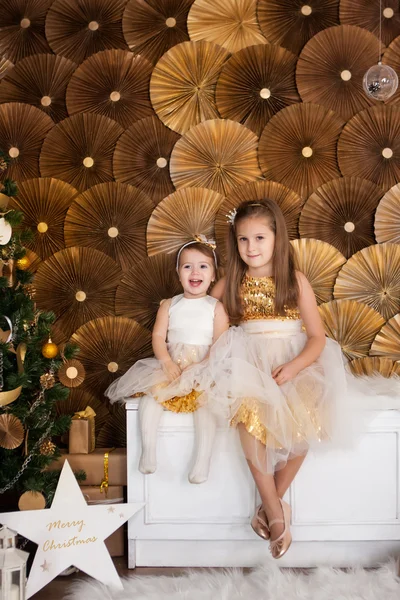 Duas irmãs perto de uma árvore de Natal — Fotografia de Stock