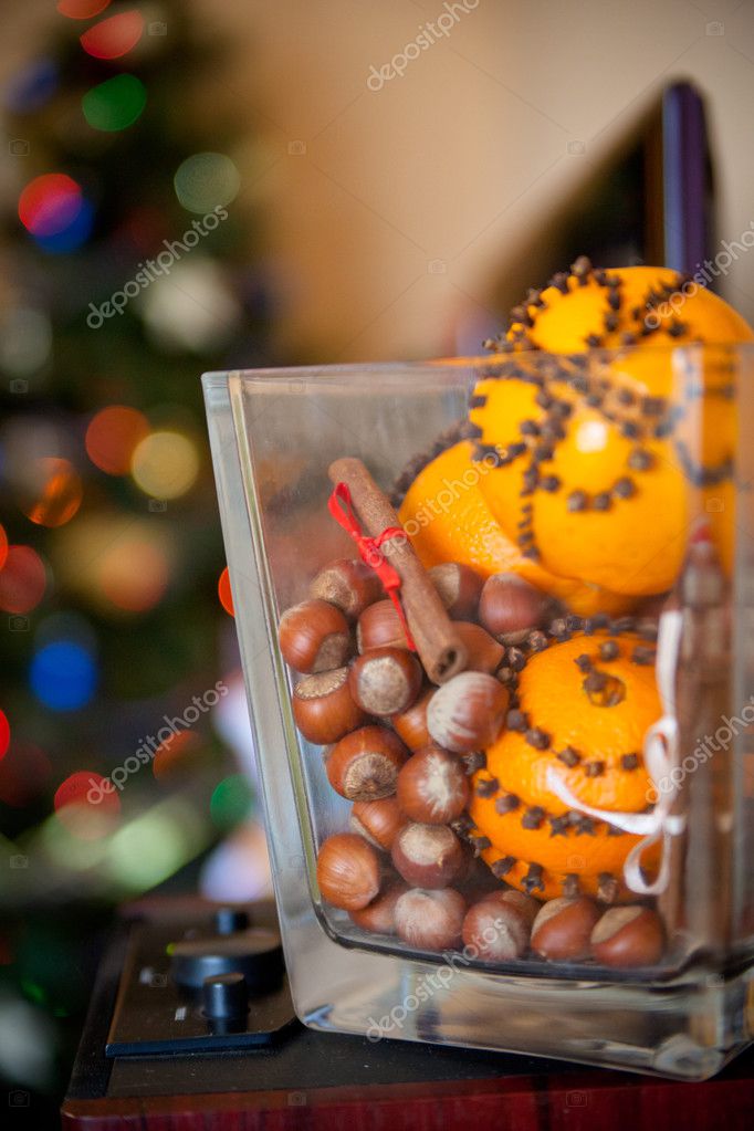 Christmas Glass Vase With Walnuts Oranges And Cinnamon Christmas