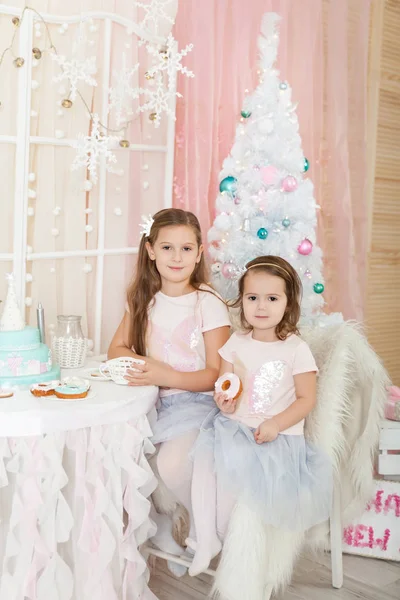 Δύο Αδελφές Ένα Χριστουγεννιάτικο Διακοσμημένο Στούντιο Παστέλ Χρώματα — Φωτογραφία Αρχείου