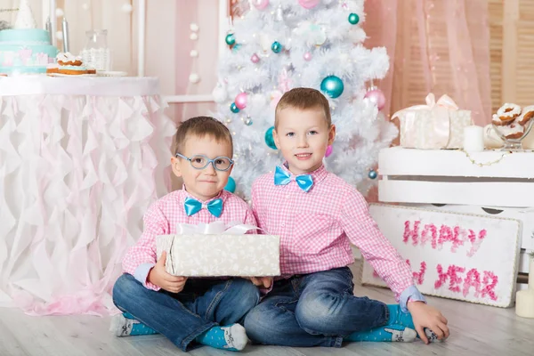 Noel süslemeli bir stüdyoda pastel renklerde iki kardeş.