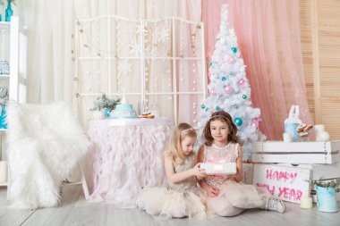 Noel süslemeli bir stüdyoda pastel renklerde iki kız kardeş.