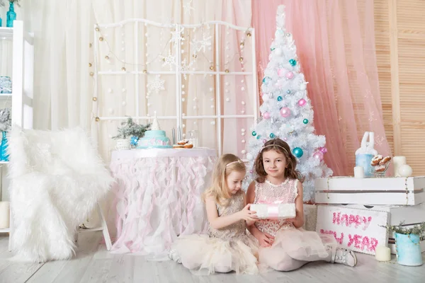 Noel süslemeli bir stüdyoda pastel renklerde iki kız kardeş.