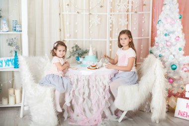 Noel süslemeli bir stüdyoda pastel renklerde iki kız kardeş.