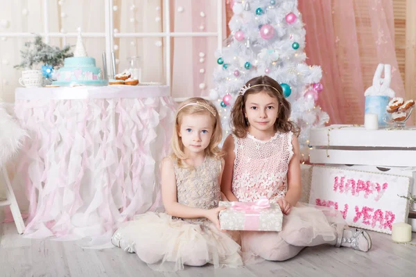 Noel süslemeli bir stüdyoda pastel renklerde iki kız kardeş.