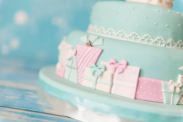 Torta Natale Con Decorazioni Colori Pastello Con Albero Capodanno Regali — Foto Stock