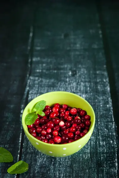 Juicy ingredients: fresh cranberries in a bowl, mint — Stock Photo, Image