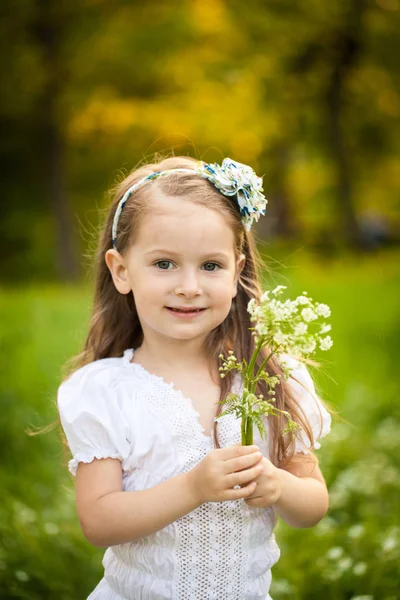 Beyaz çiçekli bir alandaki küçük kız — Stok fotoğraf
