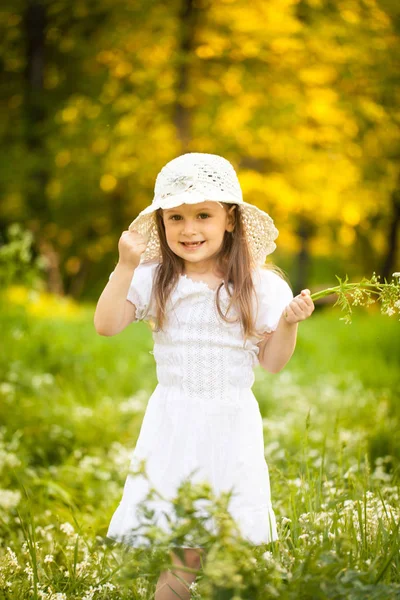 Kleines Mädchen in einem Feld mit weißen Blumen — Stockfoto