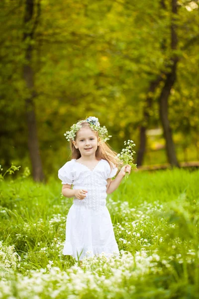 Μικρό κορίτσι σε ένα πεδίο με λευκά λουλούδια — Φωτογραφία Αρχείου
