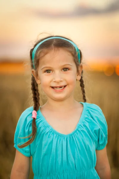 Chica feliz en el campo de trigo en la cálida y soleada noche de verano —  Fotos de Stock