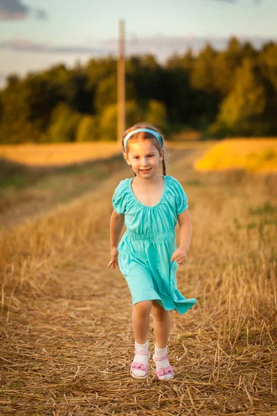 Chica feliz en el campo de trigo en la cálida y soleada noche de verano —  Fotos de Stock