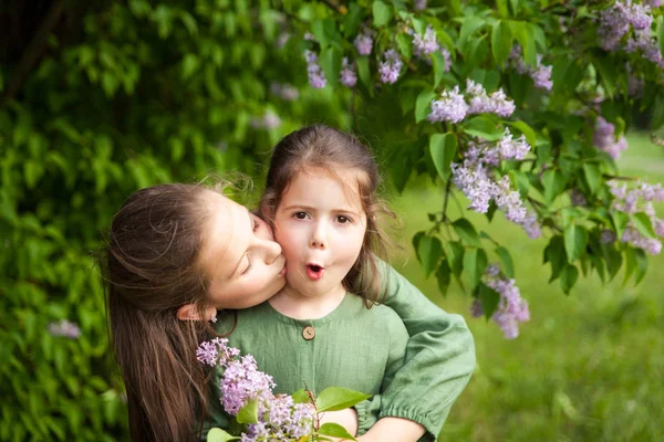 Duas Irmãs Vestido Linho Verde Divertir Parque Com Lilases Floridos — Fotografia de Stock