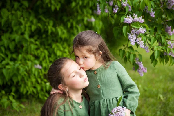 Duas Irmãs Vestido Linho Verde Divertir Parque Com Lilases Floridos — Fotografia de Stock