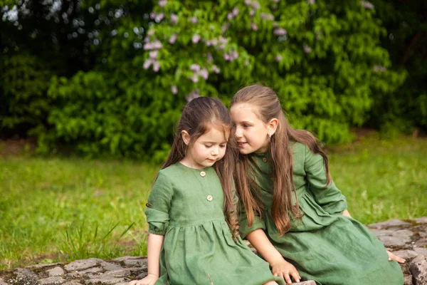 Duas Irmãs Vestido Linho Verde Divertir Parque Com Lilases Floridos — Fotografia de Stock