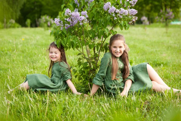 Duas Irmãs Vestido Linho Verde Divertir Parque Com Lilases Floridos — Fotografia de Stock