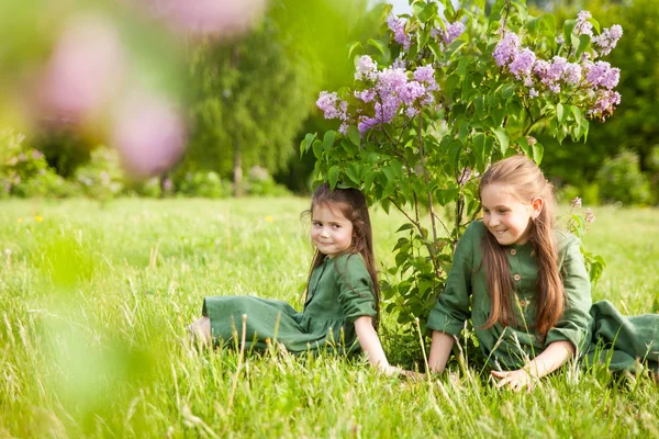 Dos Hermanas Vestido Lino Verde Divierten Parque Con Lilas Florecientes —  Fotos de Stock