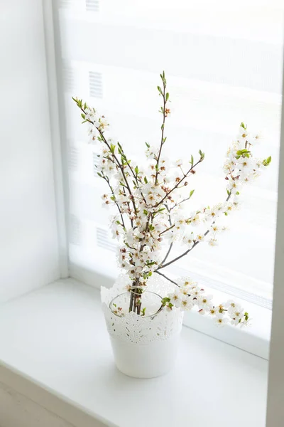 Cseresznyevirágok Ága Fehér Virágokkal Vázában Ablakpárkányon Tavasszal — Stock Fotó