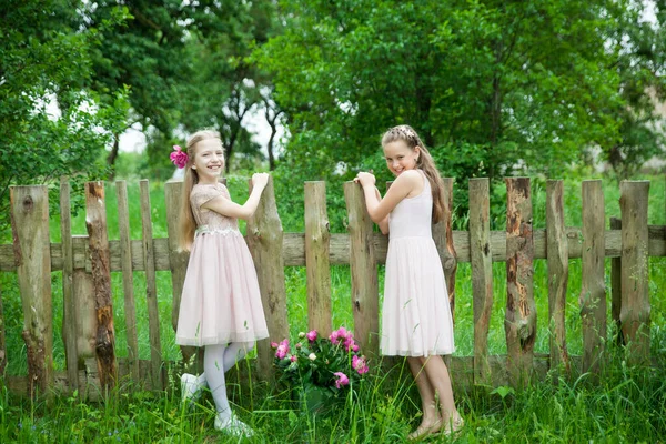 Gyönyörű Kislányok Fém Vödör Nagy Bazsarózsa Csokor Közel Kerítés — Stock Fotó