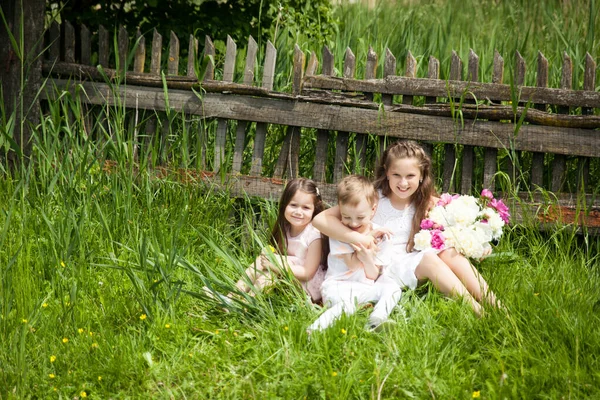 Bambini Carini Che Divertono Giardino Estivo Vicino Alla Vecchia Recinzione — Foto Stock