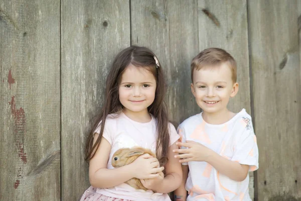 Boldog Gyerekek Portréja Imádnivaló Nyúllal Nyári Kertben Húsvét Fogalma — Stock Fotó
