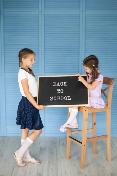 School Girl Uniform Her Sister Pre School Kid Chalkboard Back — Stock Photo, Image