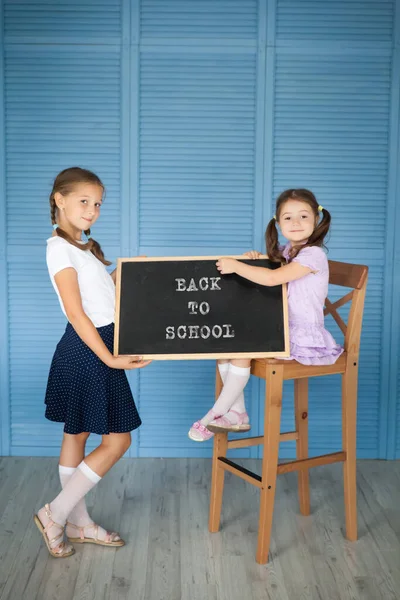 School Girl Uniform Her Sister Pre School Kid Chalkboard Back — Stock Photo, Image