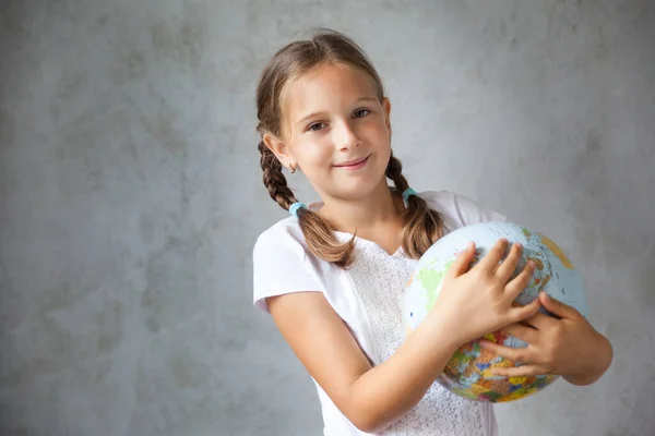 Portrait Happy School Girl Pigtails Uniform Globe Back School Distance — Stock Photo, Image