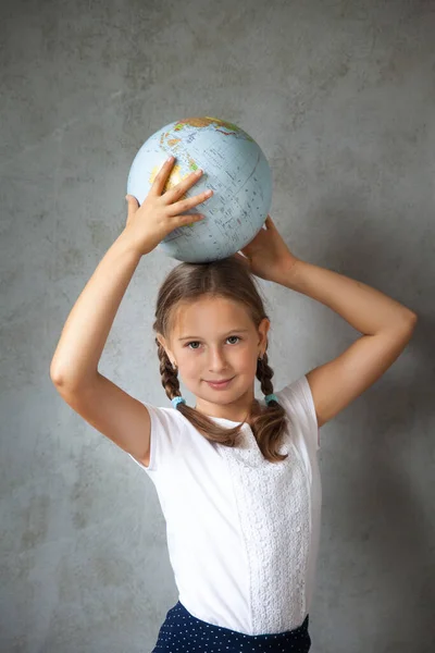 Portrait Happy School Girl Pigtails Uniform Globe Back School Distance — Stock Photo, Image