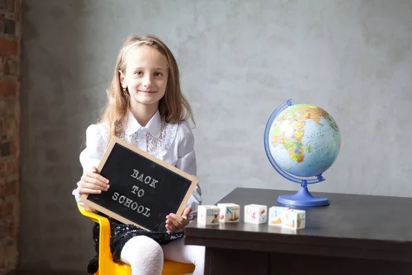 School Girl Uniform Holds Blackboard Back School Concept Distance Learning — Stock Photo, Image