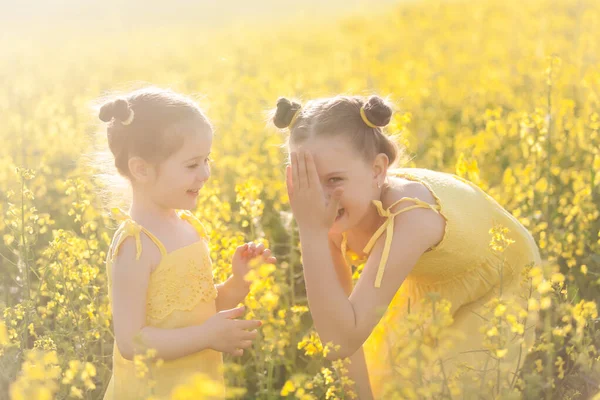 Meninas Bonitas Vestidos Amarelos Divertindo Campo Estupro Florido Natureza Floresce — Fotografia de Stock