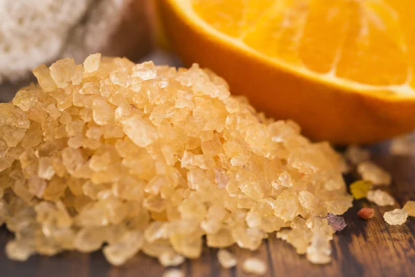 Orange bath salt and fruits — Stock Photo, Image