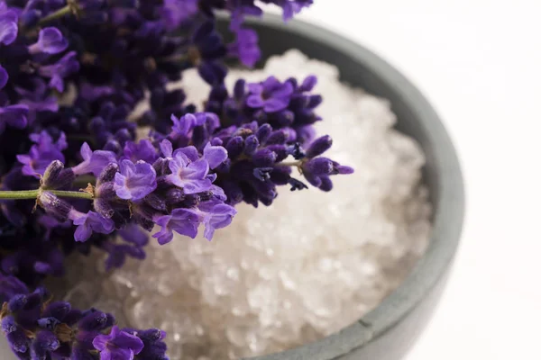 Sal de baño de lavanda y un poco de lavanda fresca — Foto de Stock