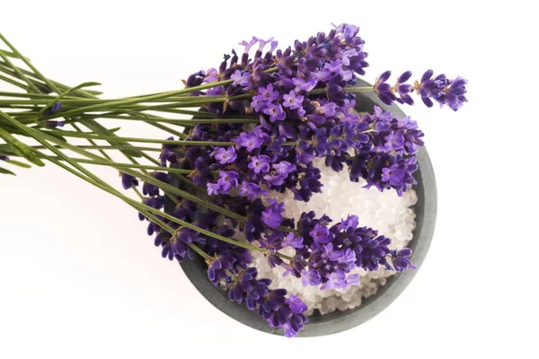 Sal de banho de lavanda e alguma lavanda fresca — Fotografia de Stock