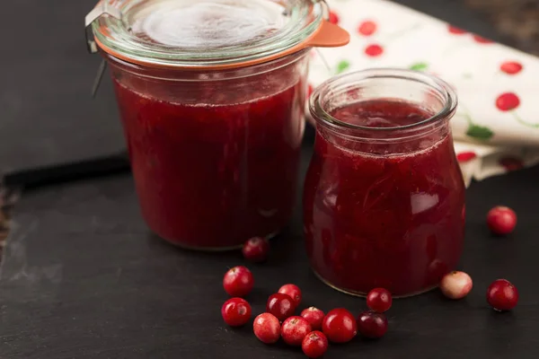 Cranberry jelly dessert with fresh fruits — Stock Photo, Image