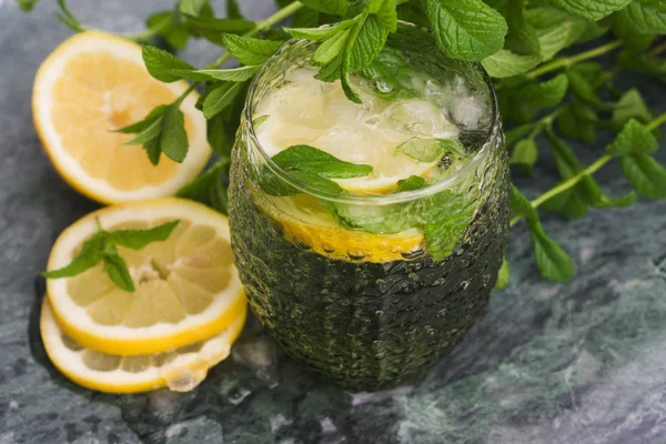 Tasty Cold Fresh Drink Lemonade Lemon Mint Ice — Stock Photo, Image