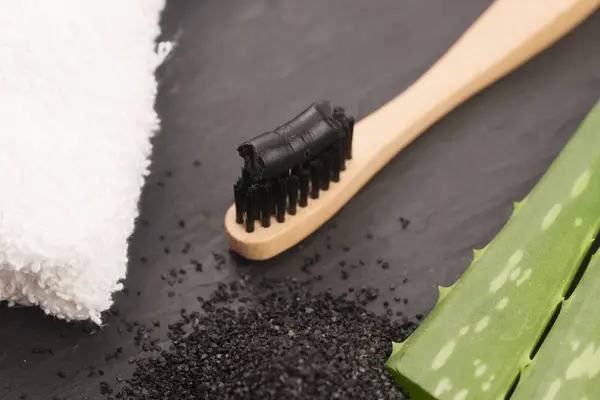 Toothbrush Black Charcoal Toothpaste Aloe Vera — Stock Photo, Image