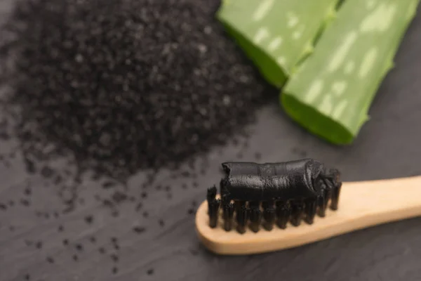 Toothbrush Black Charcoal Toothpaste Aloe Vera — Stock Photo, Image