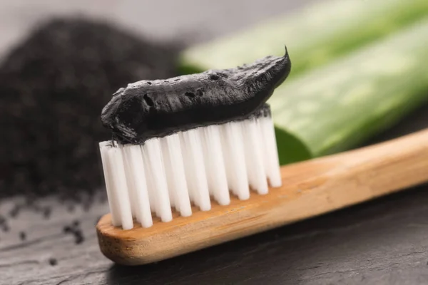 Toothbrush Black Charcoal Toothpaste Aloe Vera — Stock Photo, Image