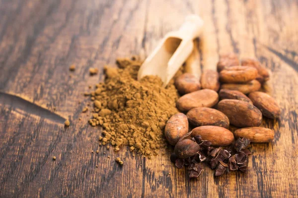 Granos Cacao Polvo Cacao Cuchara — Foto de Stock
