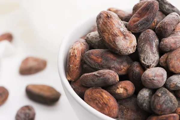 Bowl of cacao beans on a white background