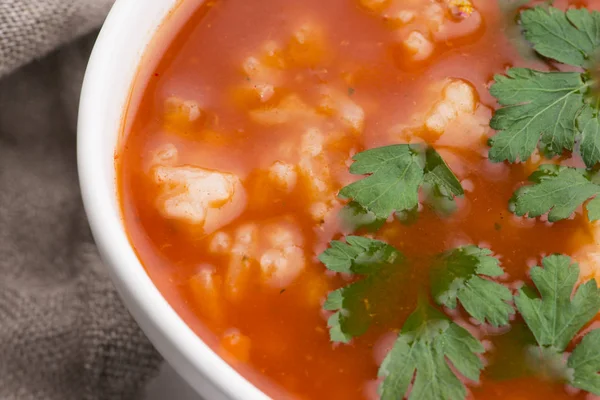 Sopa de tomate con arroz decorado con perejil — Foto de Stock