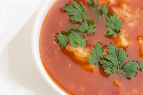 Sopa de tomate con arroz decorado con perejil — Foto de Stock