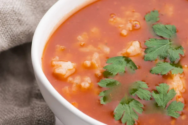 Sopa de tomate con arroz decorado con perejil — Foto de Stock