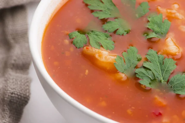 Sopa de tomate con arroz decorado con perejil — Foto de Stock