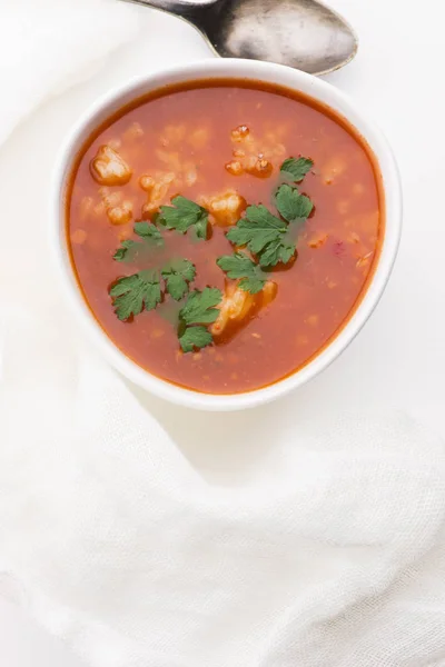 Sopa de tomate con arroz decorado con perejil — Foto de Stock